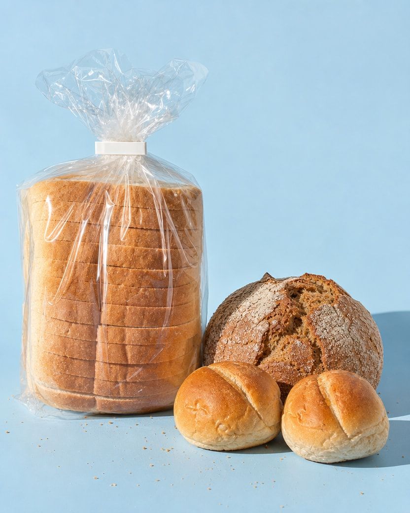 A sliced white loaf in a bread bag, a round wholemeal loaf and two bread rolls on a pale blue background.