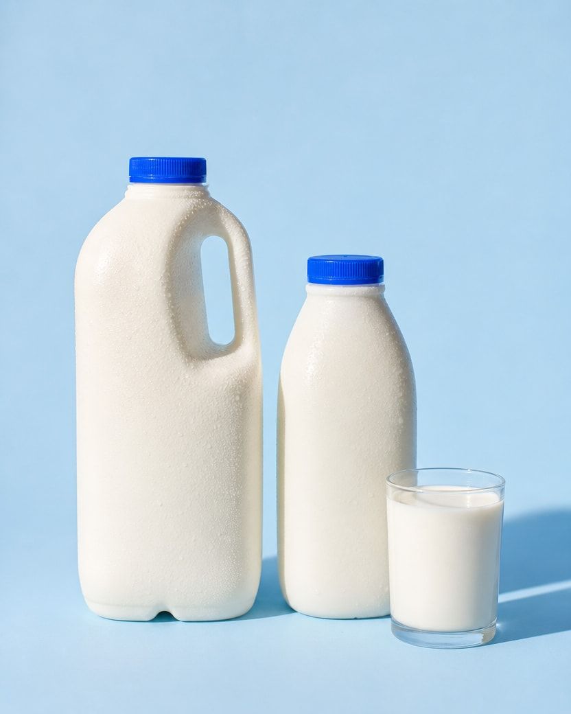 Two blue-top milk bottles and a glass of milk on a pale blue background.